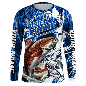 Custom Redfish Performance Fishing Shirts, Redfish Long Sleeve Fishing Shirts | Blue Camo IPHW6840