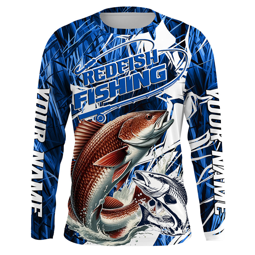 Custom Redfish Performance Fishing Shirts, Redfish Long Sleeve Fishing Shirts | Blue Camo IPHW6840