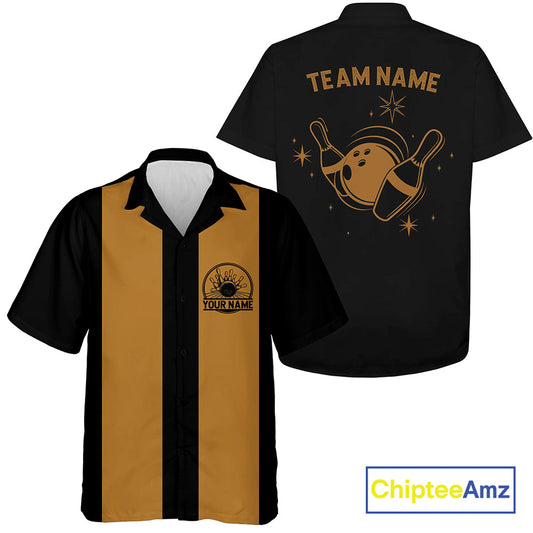 Custom Black And Brown Classic Retro Bowling Unisex Hawaiian Shirt, Vintage Inspired Bowling Tournament Shirt IPHW9910