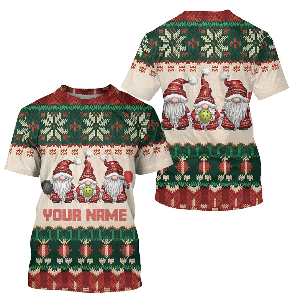 Vintage Christmas Gnomies Custom Pickleball T-Shirts For Men, Pickleball Ugly Sweater Style Shirts IPHW7739