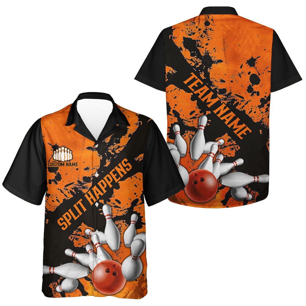 Split Happens Funny Orange Strike Bowling Men And Women Hawaiian Shirts For Team, Bowling Apparel IPHW6171