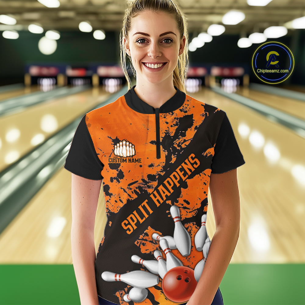 Split Happens Funny Orange Strike Bowling Women Quarter-Zip Shirts, Team Bowling Apparel IPHW6171