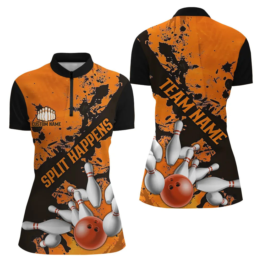 Split Happens Funny Orange Strike Bowling Women Quarter-Zip Shirts, Team Bowling Apparel IPHW6171