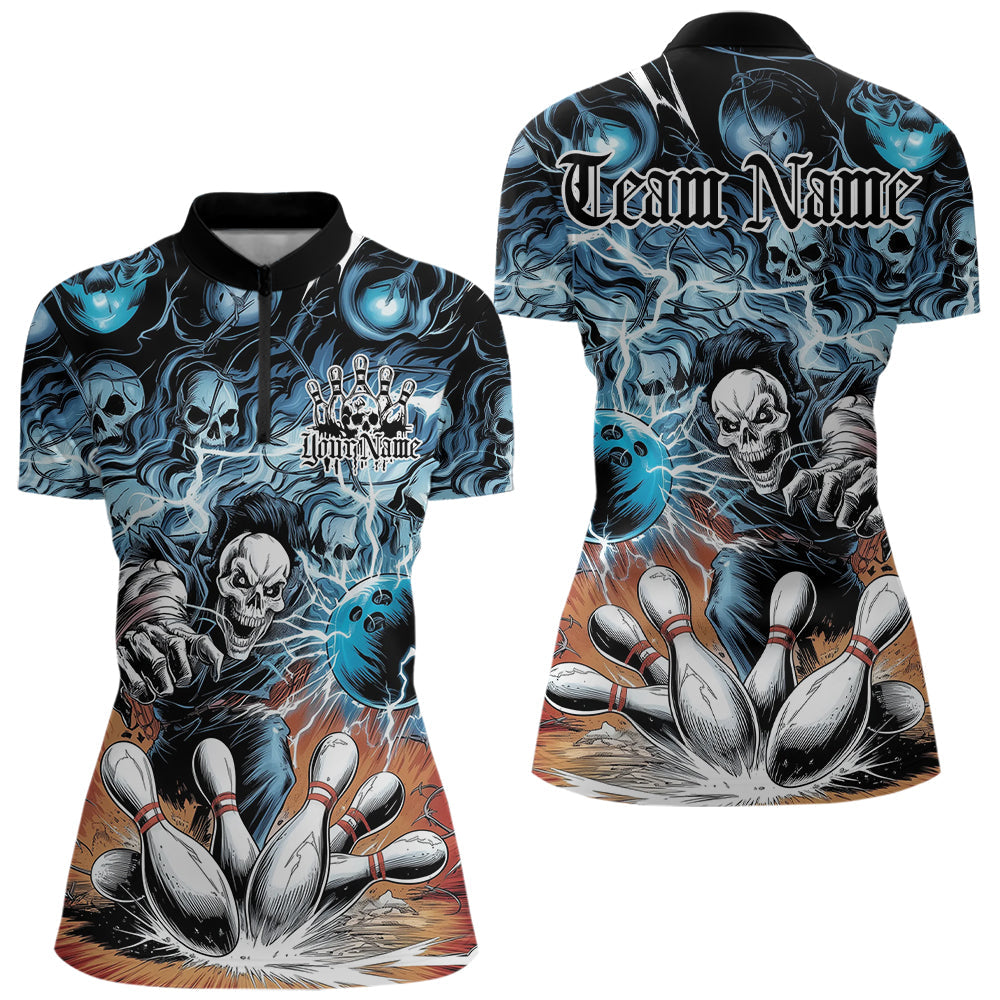 Custom Rock Style Skull Bowling Quarter-Zip Shirts For Women, Funny Skeleton Bowlers Outfit IPHW8934
