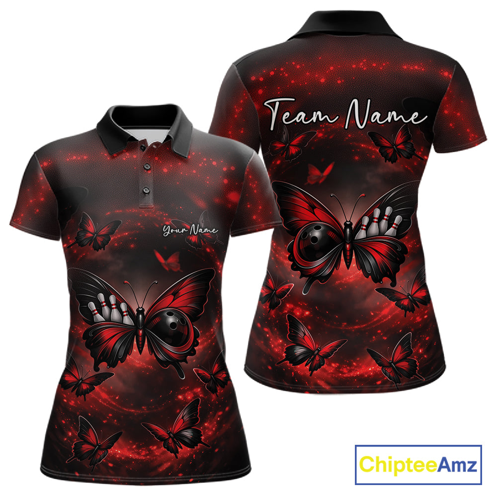 Front and back mockup of a women’s bowling polo shirt featuring a red and black butterfly with a bowling ball body on a smoky backdrop.