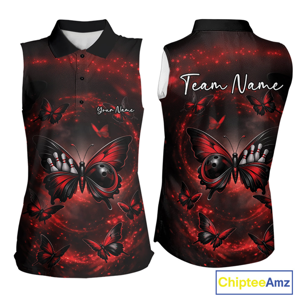 Front and back view of a women’s sleeveless bowling shirt decorated with a red and black butterfly, bowling ball body artwork, and smoky graphics.