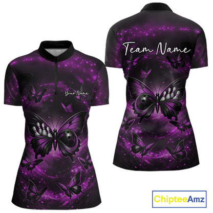 Front and back mockup of a women’s bowling quarter-zip shirt featuring a purple and black butterfly with a bowling ball body on a smoky background.