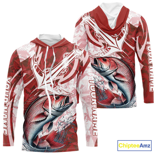 Red Camo Anchor Custom Red Snapper Saltwater Long Sleeve Hooded Performance Fishing Shirts IPHW9182