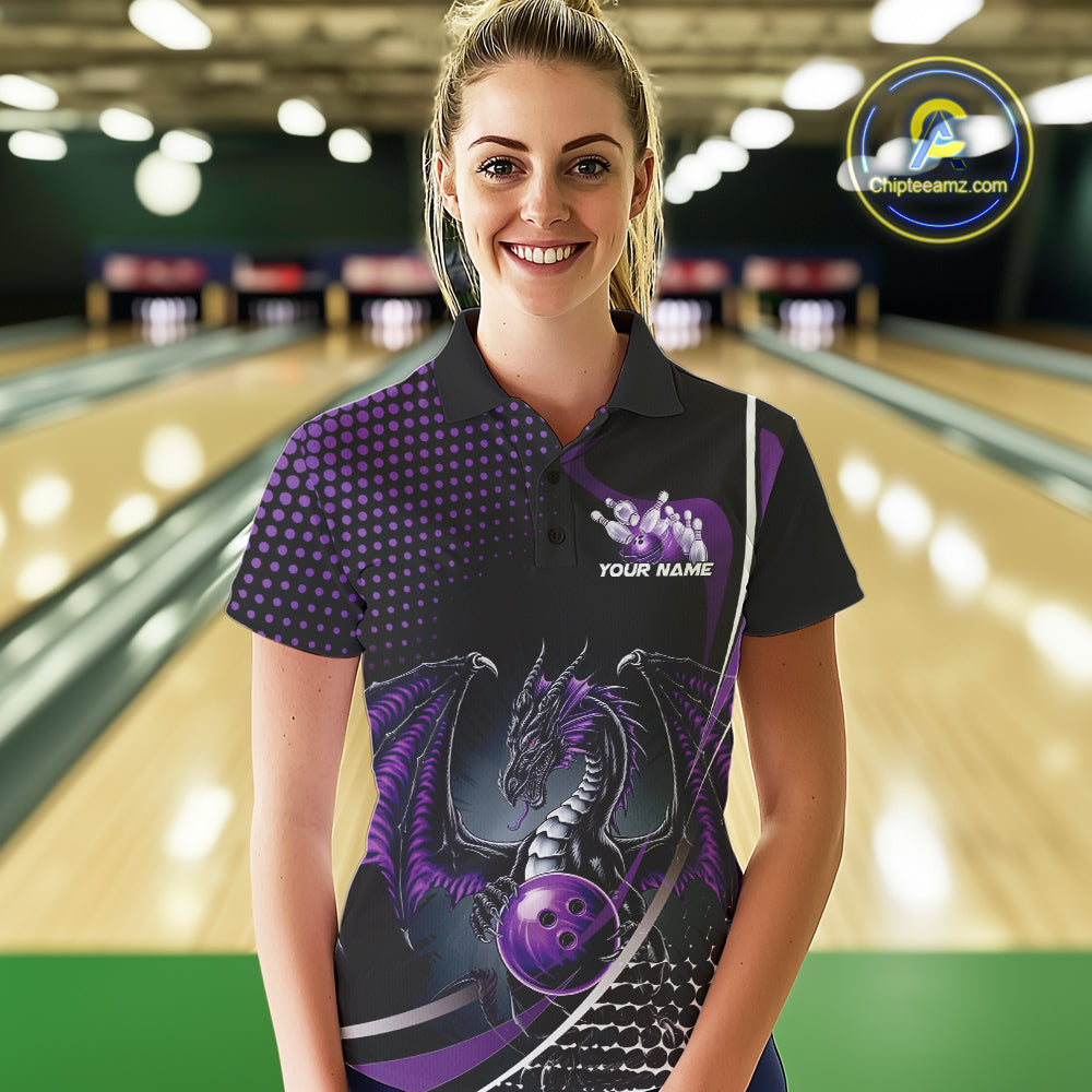 Custom Purple Dragon Bowling Jerseys, Mystical Bowling Team Uniform Polo Shirts For Women IPHW9534