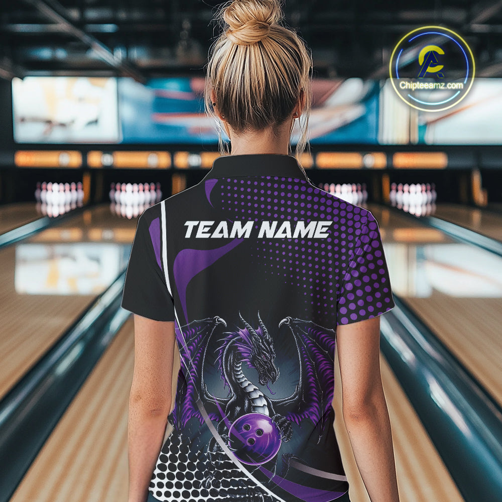 Custom Purple Dragon Bowling Jerseys, Mystical Bowling Team Uniform Polo Shirts For Women IPHW9534