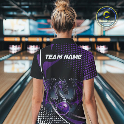 Custom Purple Dragon Bowling Jerseys, Mystical Bowling Team Uniform Polo Shirts For Women IPHW9534