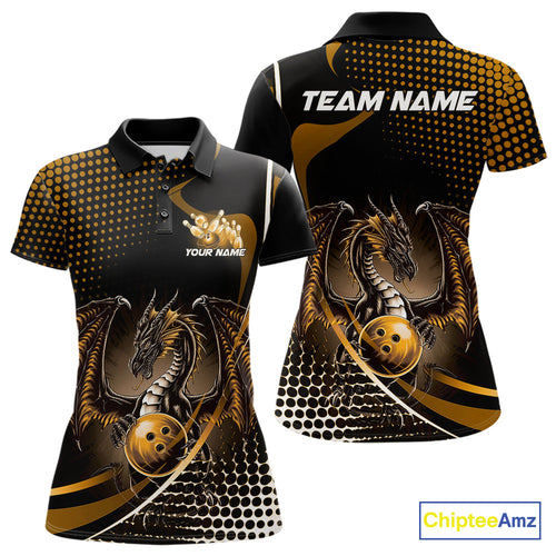 Custom Yellow Dragon Bowling Jerseys, Mystical Bowling Team Uniform Polo Shirts For Women IPHW9535