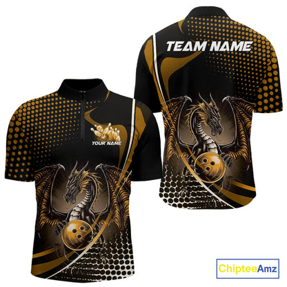 Custom Yellow Dragon Bowling Jerseys, Mystical Bowling Team Uniform Quarter-Zip Shirts For Men IPHW9535