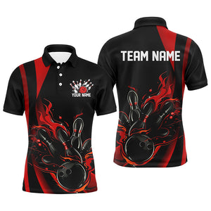 Black And Red Custom Flame Bowling Shirts For Men, Bowling Team Outfits IPHW7206