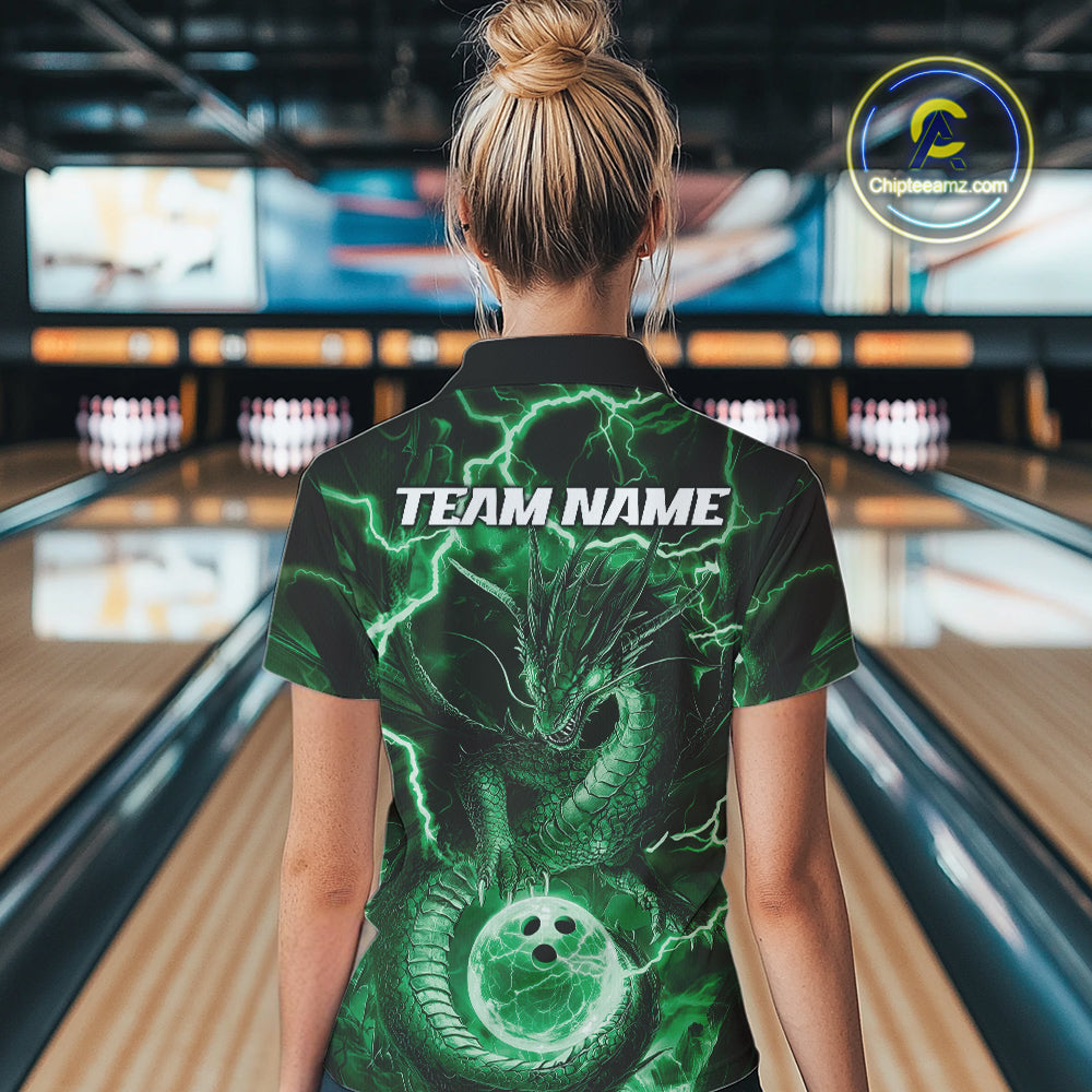 Custom Green Thunder Lightning Dragon Bowling Polo Shirts For Women, Team Uniform IPHW9759