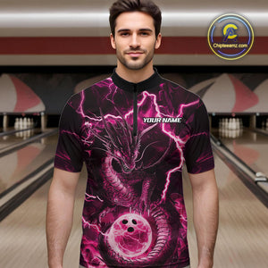 Custom Pink Thunder Lightning Dragon Bowling Quarter-Zip Shirts For Men, Team Uniform IPHW9760