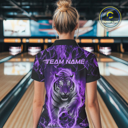Custom Purple Flame Tiger Bowling Quarter-Zip Shirts For Women, Tiger Bowling Team Shirt IPHW9761