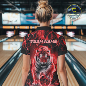 Custom Red Flame Tiger Bowling Polo Shirts For Women, Tiger Bowling Team Shirt IPHW9762