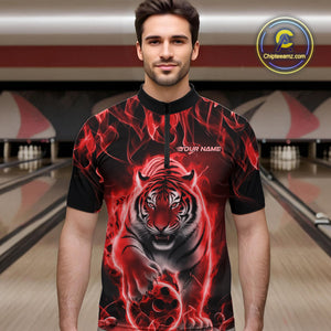 Custom Red Flame Tiger Bowling Quarter-Zip Shirts For Men, Tiger Bowling Team Shirt IPHW9762