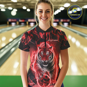 Custom Red Flame Tiger Bowling Quarter-Zip Shirts For Women, Tiger Bowling Team Shirt IPHW9762