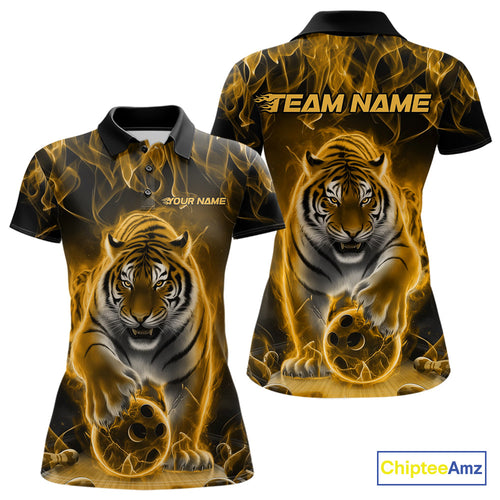 Custom Yellow Flame Tiger Bowling Polo Shirts For Women, Tiger Bowling Team Shirt IPHW9763