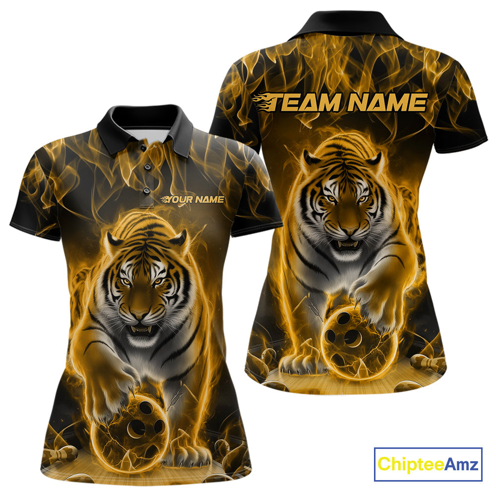 Custom Yellow Flame Tiger Bowling Polo Shirts For Women, Tiger Bowling Team Shirt IPHW9763