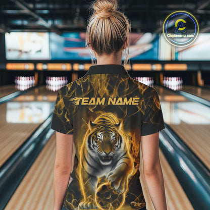 Custom Yellow Flame Tiger Bowling Quarter-Zip Shirts For Women, Tiger Bowling Team Shirt IPHW9763