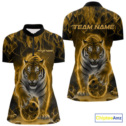 Custom Yellow Flame Tiger Bowling Quarter-Zip Shirts For Women, Tiger Bowling Team Shirt IPHW9763