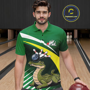 Custom Funny Green Alligator Bowling Polo Shirt For Men, Bowling League Shirt For Team IPHW9926