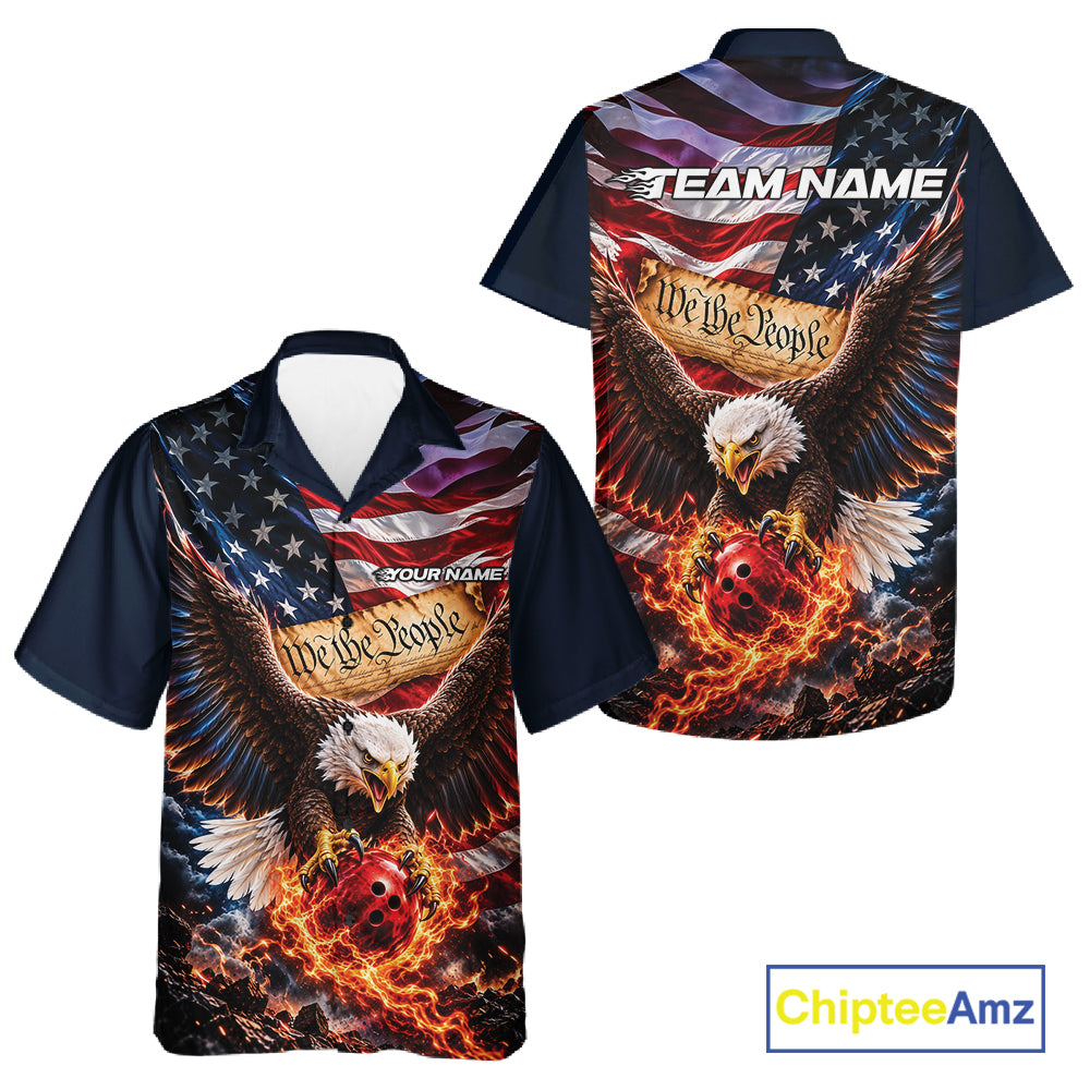 Custom Patriotic Eagle We The People Bowling League Shirt, US Flag Bowling Men And Women Button Up Shirt IPHW12272