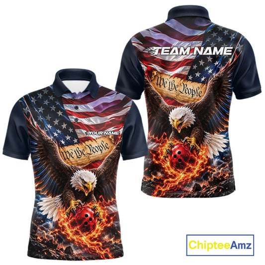 Custom Patriotic Eagle We The People Bowling League Shirt, US Flag Bowling Men Polo Shirt IPHW12272