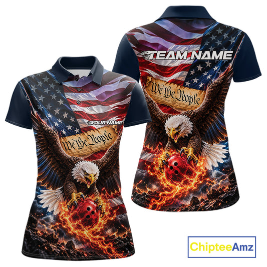Custom Patriotic Eagle We The People Bowling League Shirt, US Flag Bowling Women Polo Shirt IPHW12272