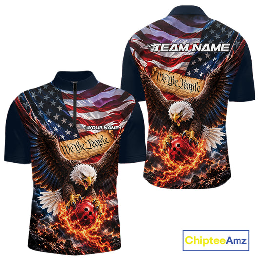 Custom Patriotic Eagle We The People Bowling League Shirt, US Flag Bowling Men Quarter Zip Shirt IPHW12272