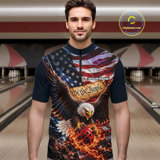 Custom Patriotic Eagle We The People Bowling League Shirt, US Flag Bowling Men Quarter Zip Shirt IPHW12272