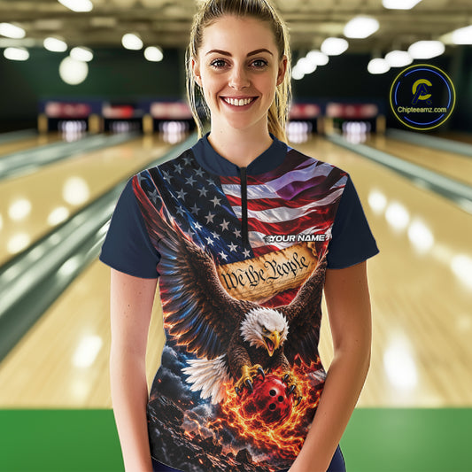 Custom Patriotic Eagle We The People Bowling League Shirt, US Flag Women Bowling Shirt IPHW12272