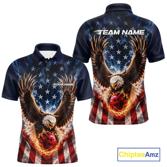 Custom Patriotic Eagle American Flag Bowling League Shirt, Bowling Team Men Polo Shirt IPHW12273