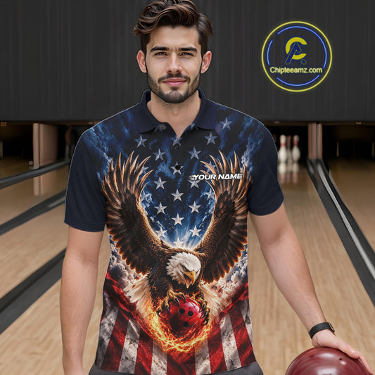 Custom Patriotic Eagle American Flag Bowling League Shirt, Bowling Team Men Polo Shirt IPHW12273