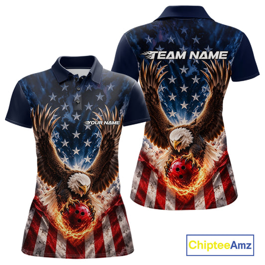 Custom Patriotic Eagle American Flag Bowling League Shirt, Bowling Team Women Polo Shirt IPHW12273