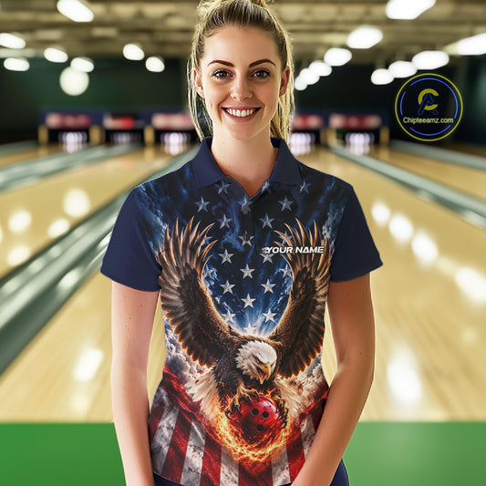 Custom Patriotic Eagle American Flag Bowling League Shirt, Bowling Team Women Polo Shirt IPHW12273