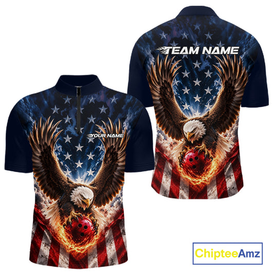 Custom Patriotic Eagle American Flag Bowling League Shirt, Bowling Team Men Quarter Zip Shirt IPHW12273