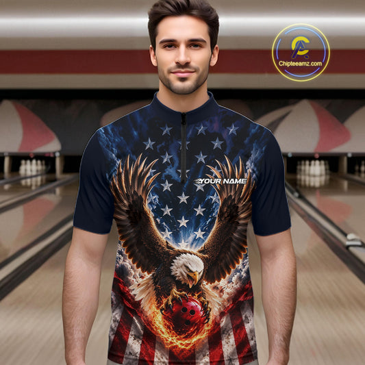 Custom Patriotic Eagle American Flag Bowling League Shirt, Bowling Team Men Quarter Zip Shirt IPHW12273