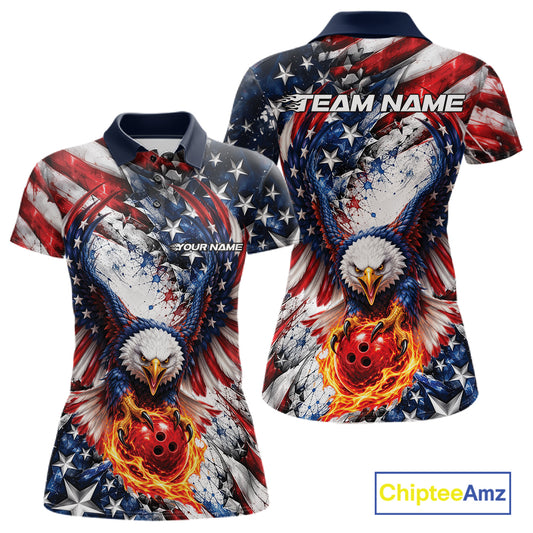 American Flag Eagle Custom Patriotic Bowling Jersey, Bowling Team Women Polo Shirt IPHW12274