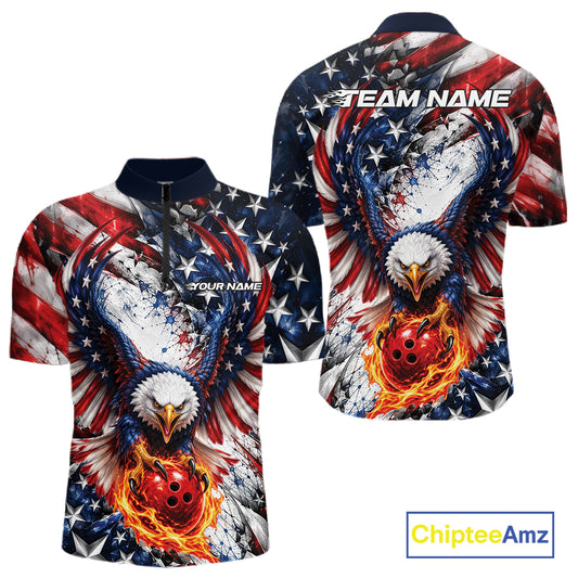 American Flag Eagle Custom Patriotic Bowling Jersey, Bowling Team Men Quarter Zip Shirt IPHW12274