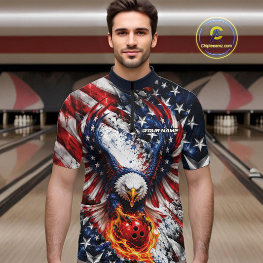 American Flag Eagle Custom Patriotic Bowling Jersey, Bowling Team Men Quarter Zip Shirt IPHW12274