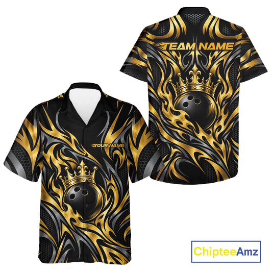 Custom Black And Gold Tribal Crown Bowling Team Men And Women Button Up Shirt, Bowling King Outfit IPHW12275