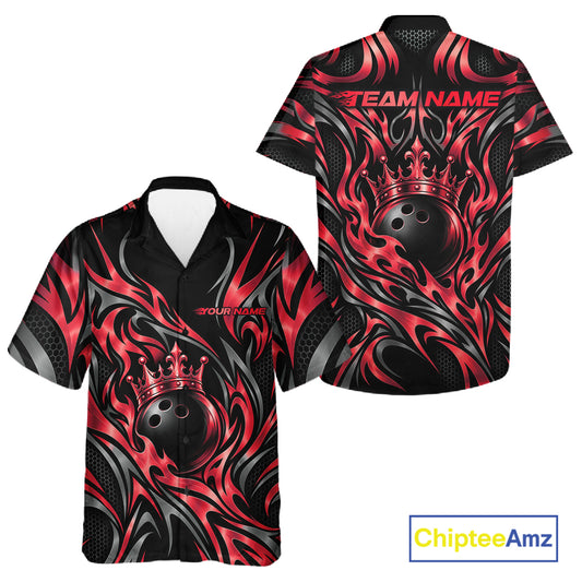 Custom Black And Red Tribal Crown Bowling Team Men And Women Button Up Shirt, Bowling King Outfit IPHW12277