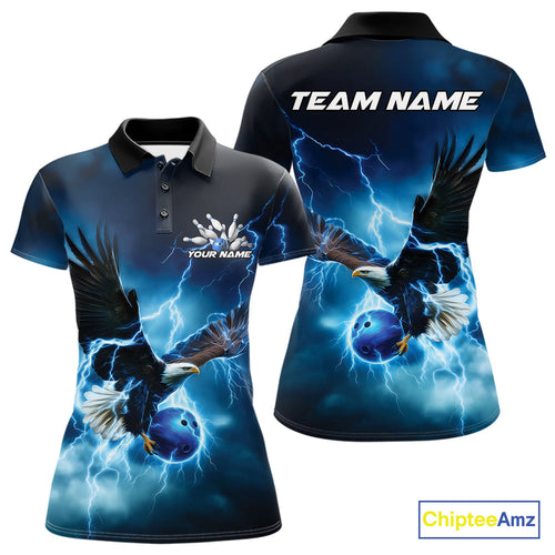 Custom Blue Thunder Lightning Eagle Bowling Women Polo Shirts, Eagle Bowling Jerseys IPHW10146