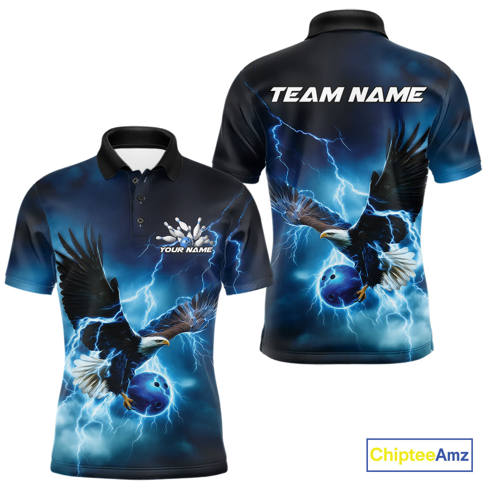 Custom Blue Thunder Lightning Eagle Bowling Men Polo Shirts, Eagle Bowling Team Jerseys IPHW10146