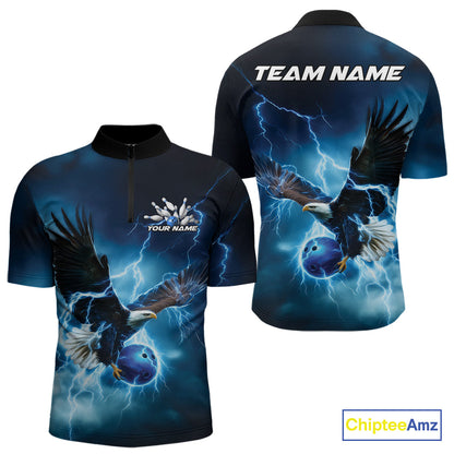 Custom Blue Thunder Lightning Eagle Bowling Men Quarter-Zip Shirts, Eagle Bowling Team Jerseys IPHW10146