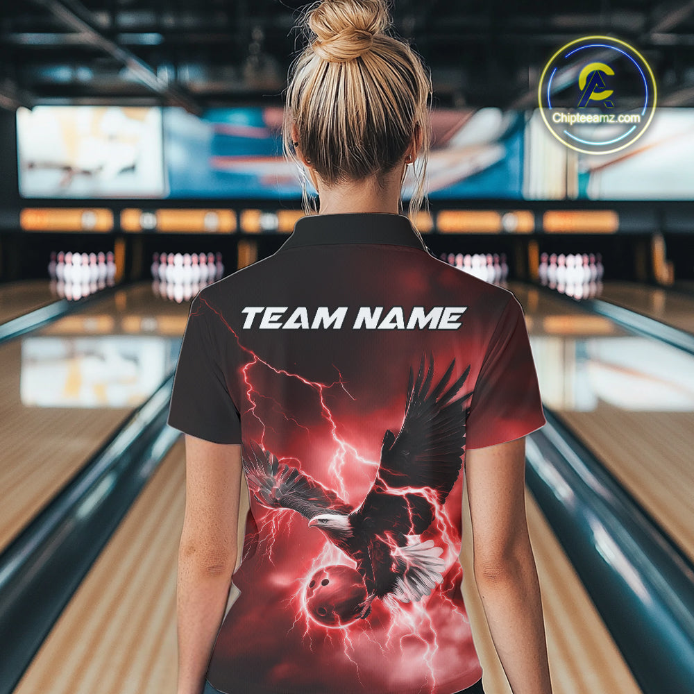 Custom Red Thunder Lightning Eagle Bowling Women Polo Shirts, Eagle Bowling Team Jerseys IPHW10147